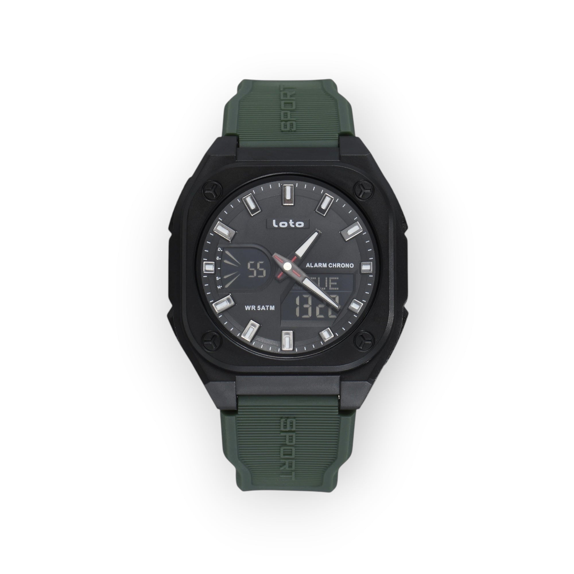 Reloj deportivo LOTO COMPANY VERTEX 2593 analógico-digital en color verde oliva y negro con correa de silicona.