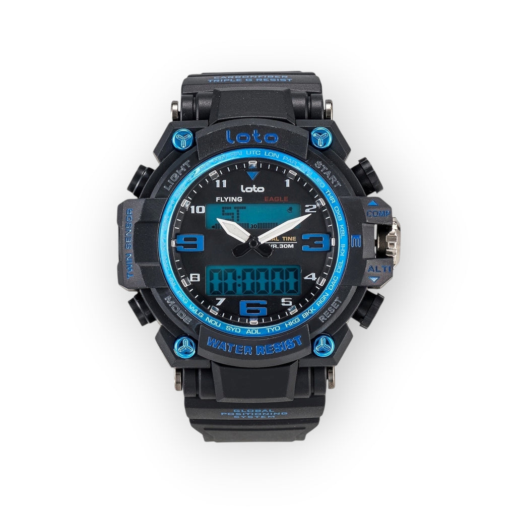 Reloj LOTO COMPANY VIPER / 2403 negro con detalles azules, analógico-digital, resistente al agua, brújula y altímetro.