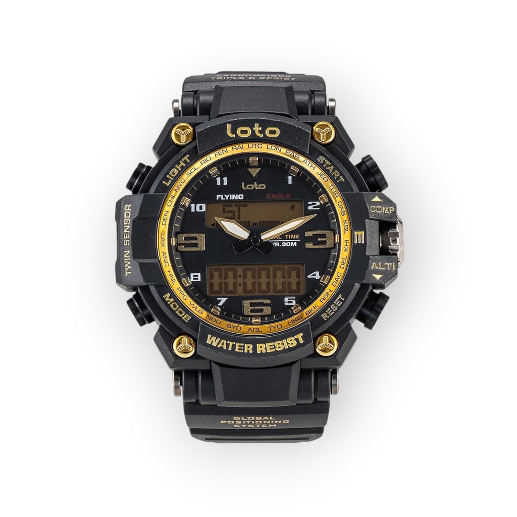 Reloj LOTO COMPANY VIPER / 2403 negro con detalles dorados, analógico-digital, resistente al agua, brújula y altímetro.