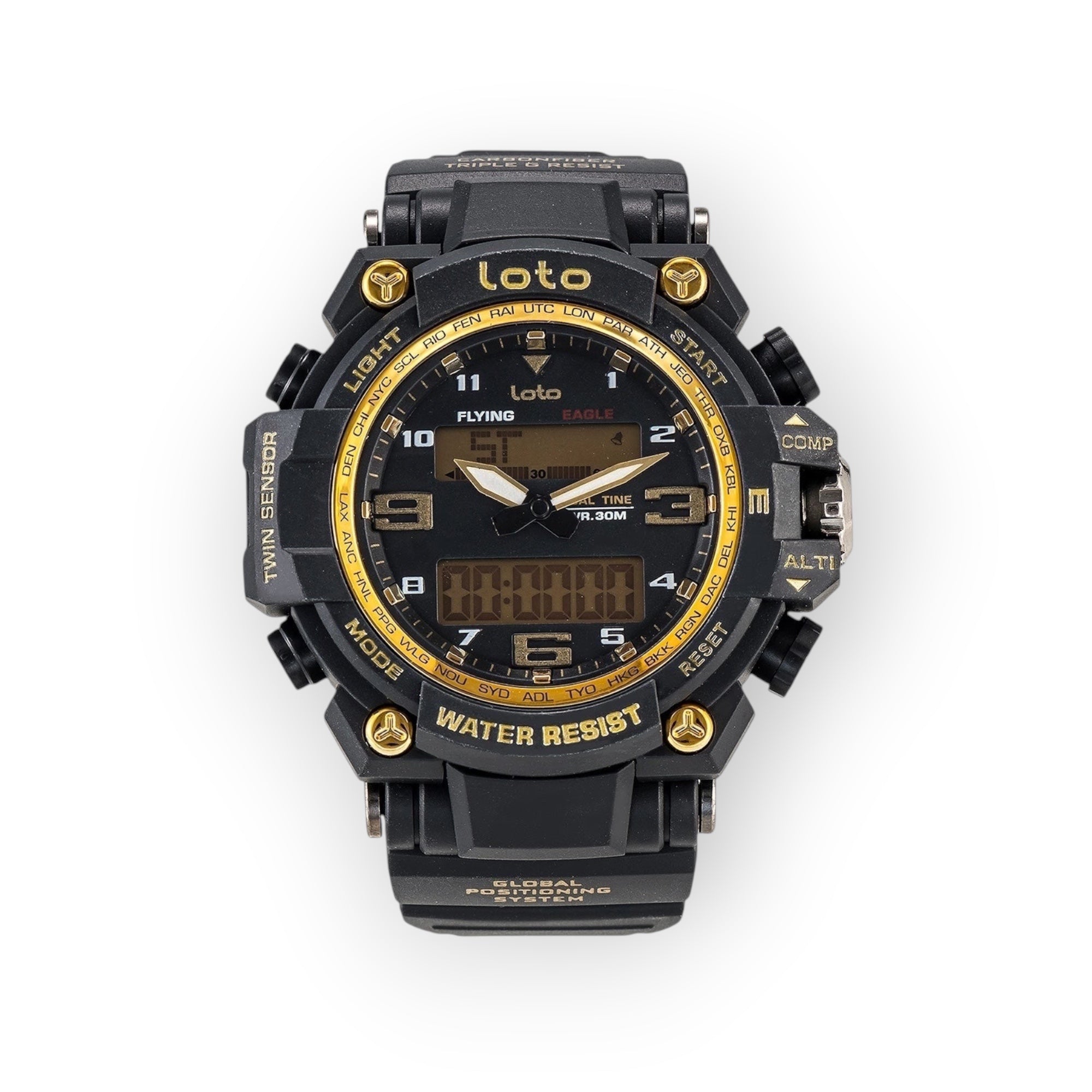 Reloj LOTO COMPANY VIPER / 2403 negro con detalles dorados, analógico-digital, resistente al agua, brújula y altímetro.