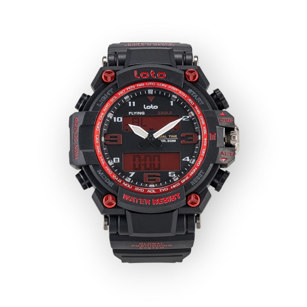 Reloj LOTO COMPANY VIPER / 2403 negro con detalles rojos, analógico-digital, resistente al agua.