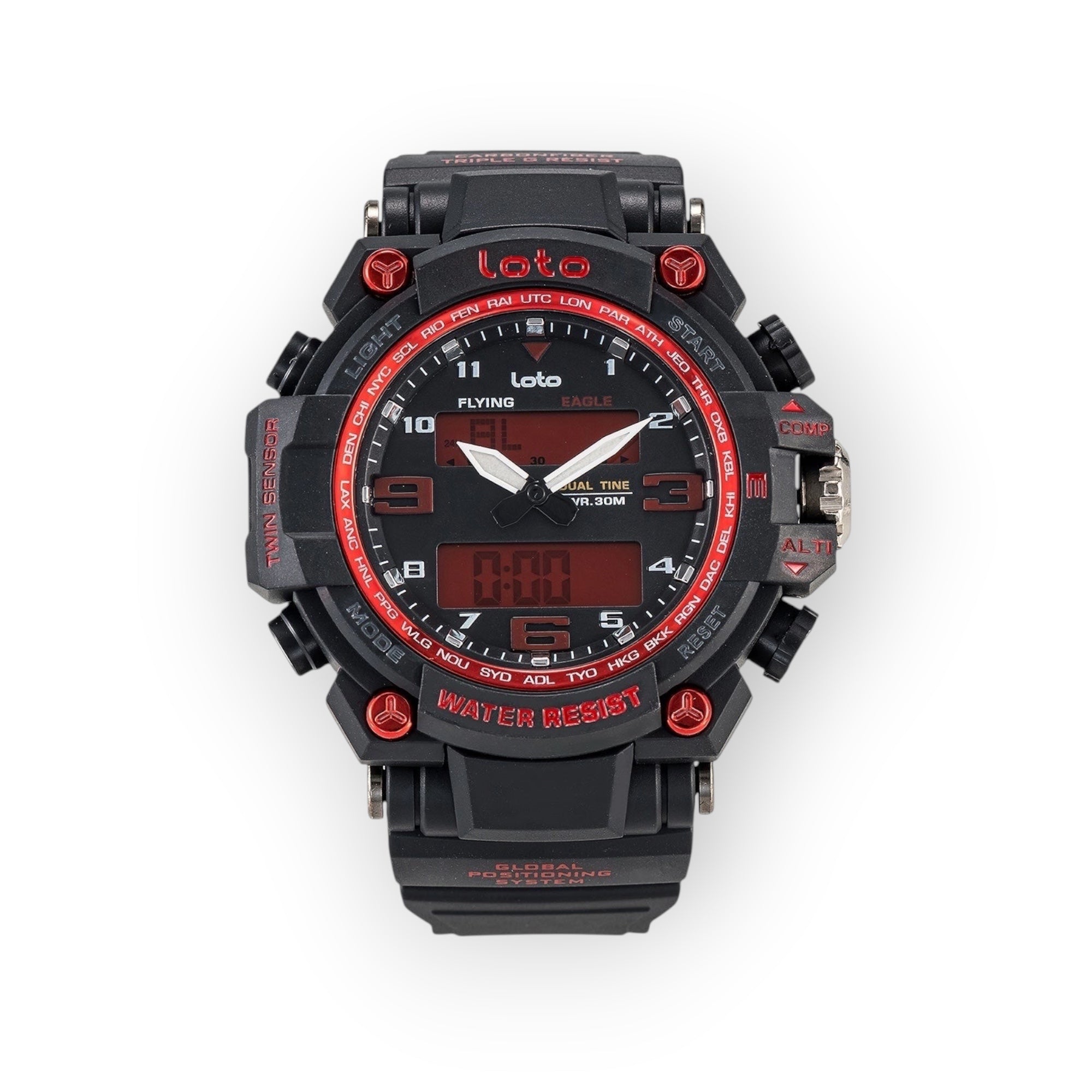 Reloj LOTO COMPANY VIPER / 2403 negro con detalles rojos, analógico-digital, resistente al agua.