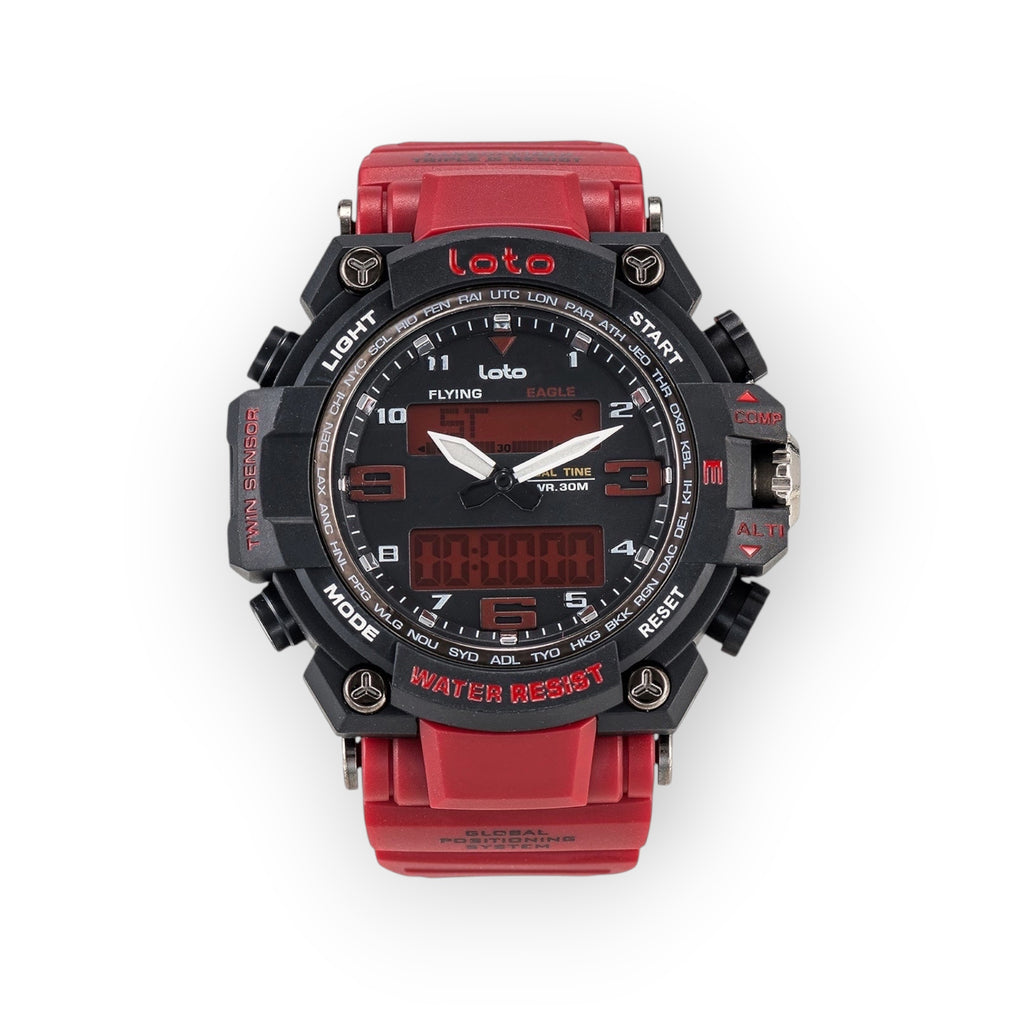 Reloj LOTO COMPANY VIPER / 2403 negro y rojo con doble pantalla analógica y digital, correa de resina.