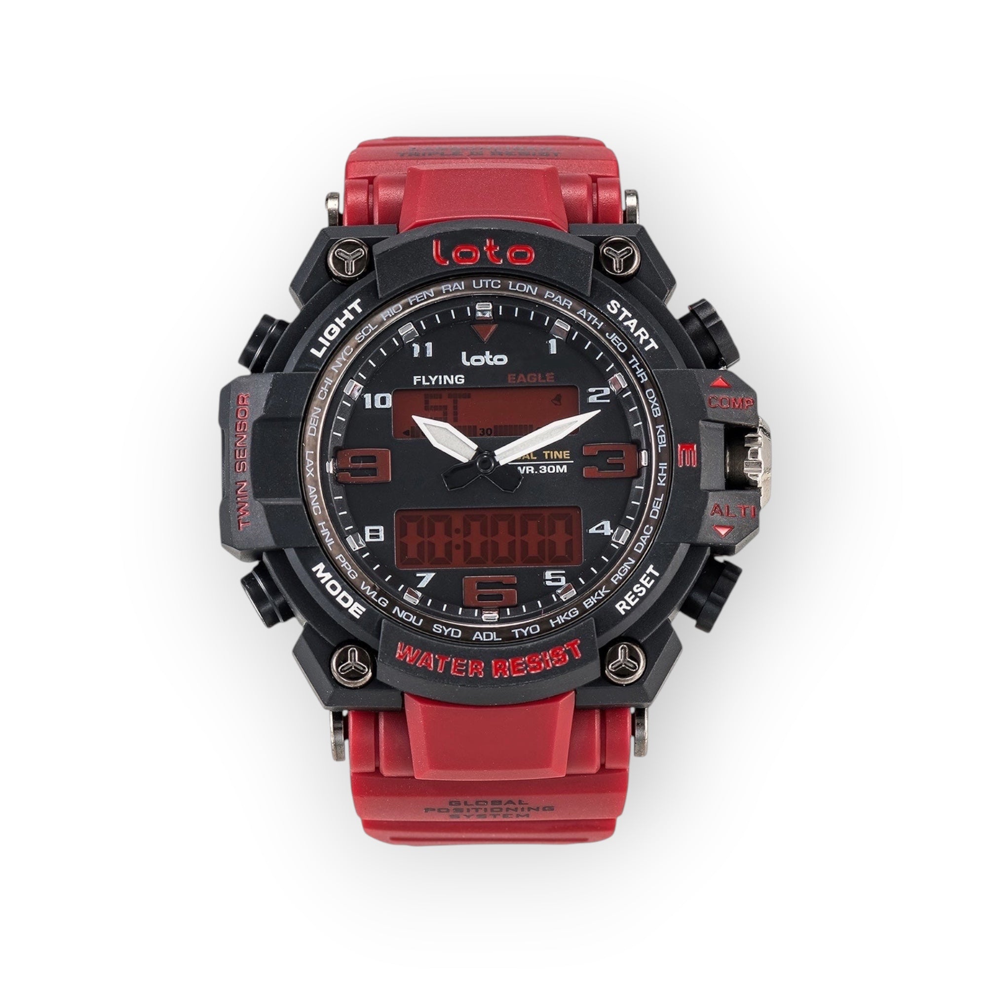 Reloj LOTO COMPANY VIPER / 2403 negro y rojo con doble pantalla analógica y digital, correa de resina.