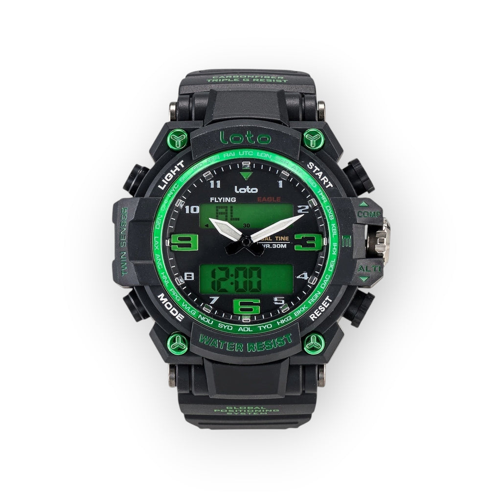 Reloj LOTO COMPANY VIPER / 2403 negro con detalles verdes, analógico-digital, multifunción, resistente al agua.