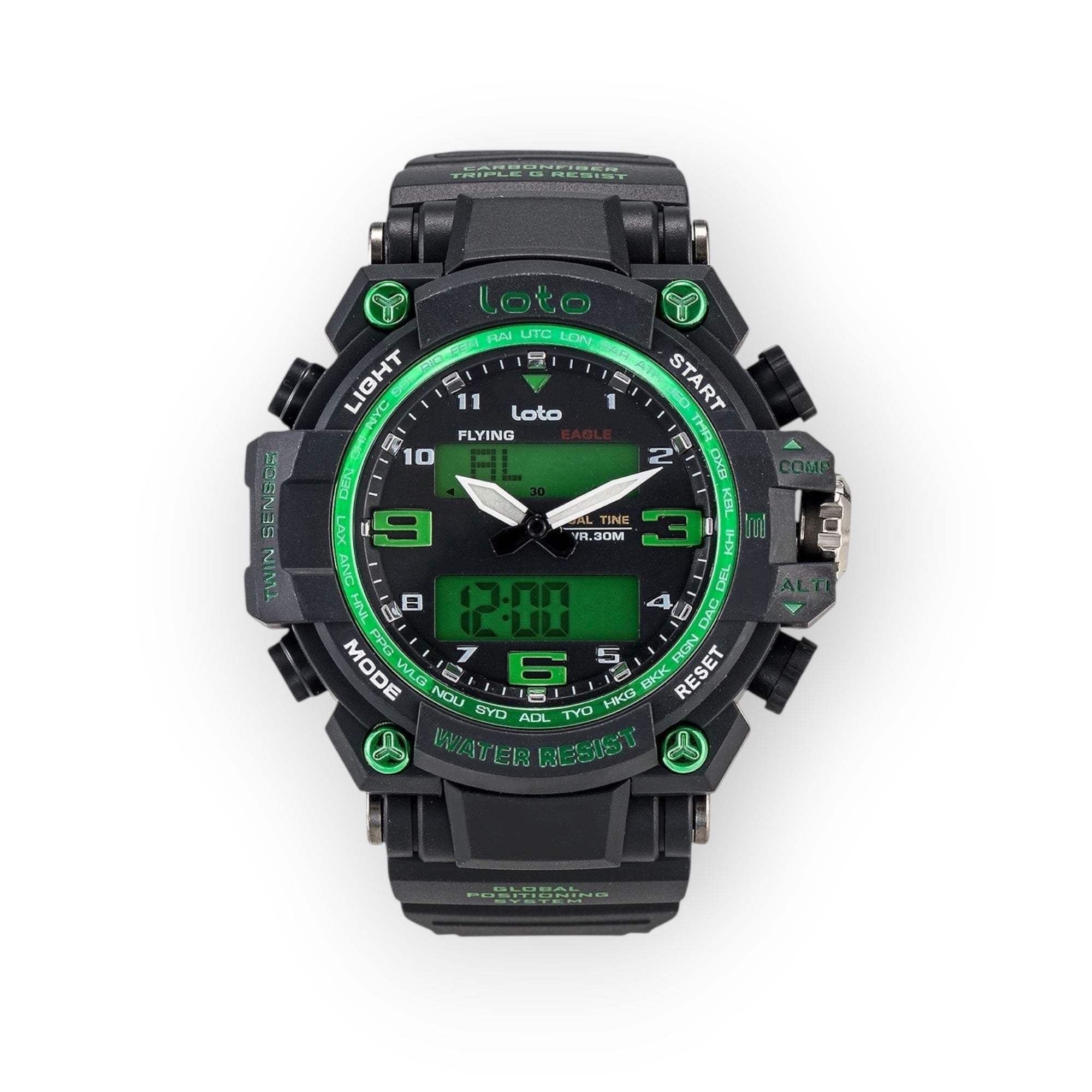 Reloj LOTO COMPANY VIPER / 2403 negro con detalles verdes, analógico-digital, multifunción, resistente al agua.