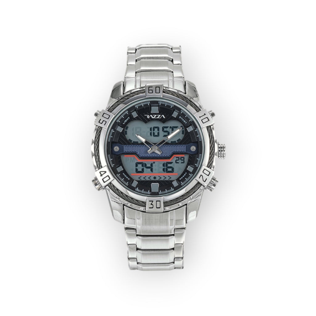 Reloj LOTO COMPANY VOLT-X análogo-digital de acero inoxidable con cronómetro, alarma y diseño deportivo robusto.