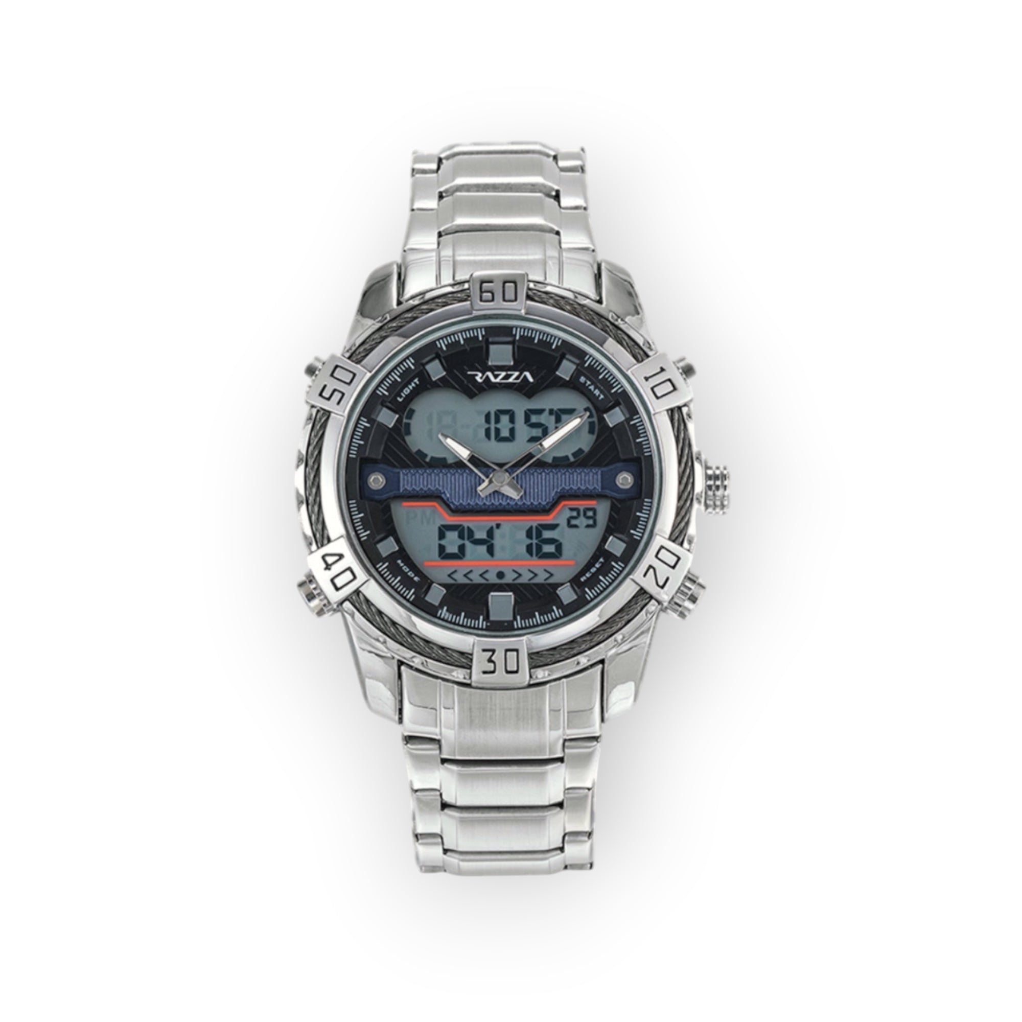 Reloj LOTO COMPANY VOLT-X análogo-digital de acero inoxidable con cronómetro, alarma y diseño deportivo robusto.