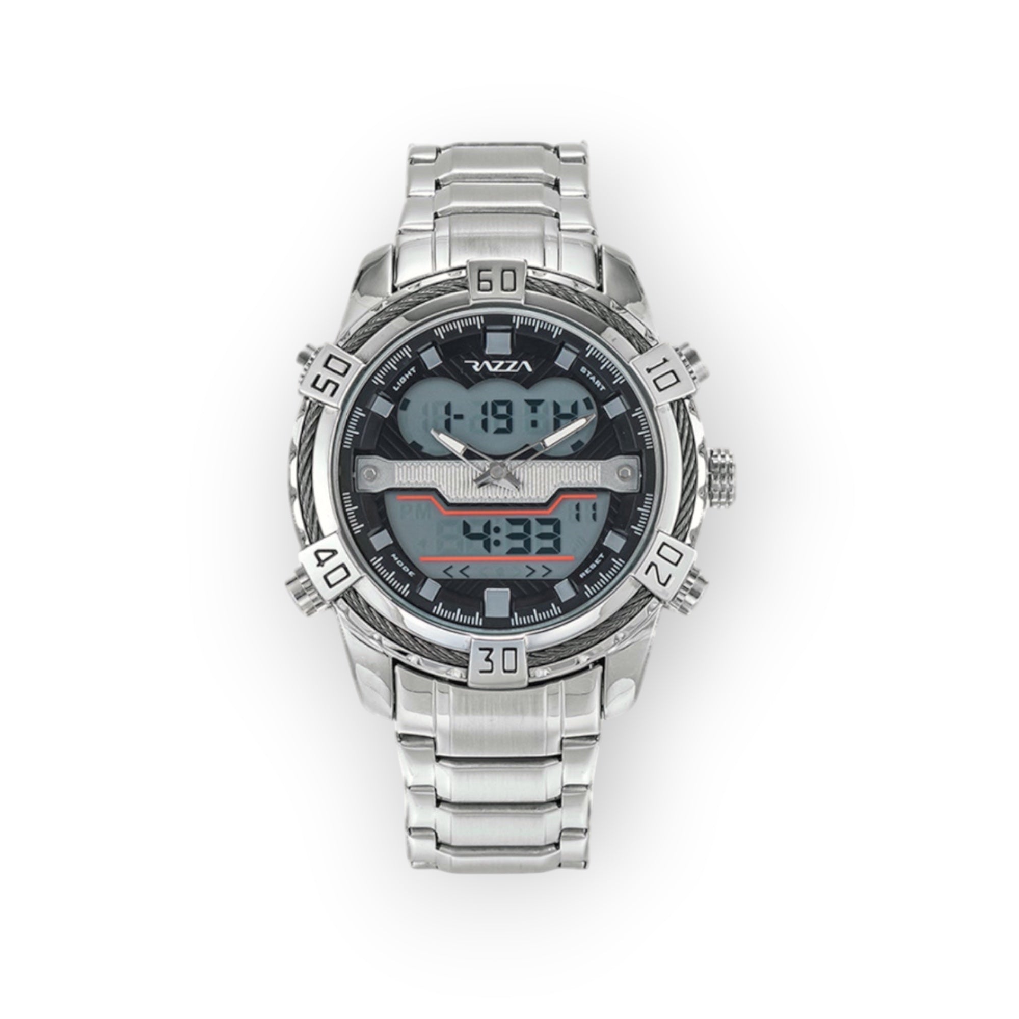 Reloj LOTO COMPANY VOLT-X análogo-digital de acero inoxidable plateado con cronómetro, alarma y luz LED.