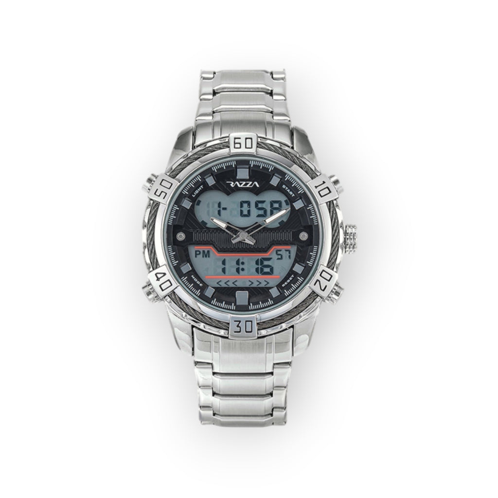 Reloj LOTO COMPANY VOLT-X analógico-digital de acero inoxidable plateado con cronómetro y luz LED.