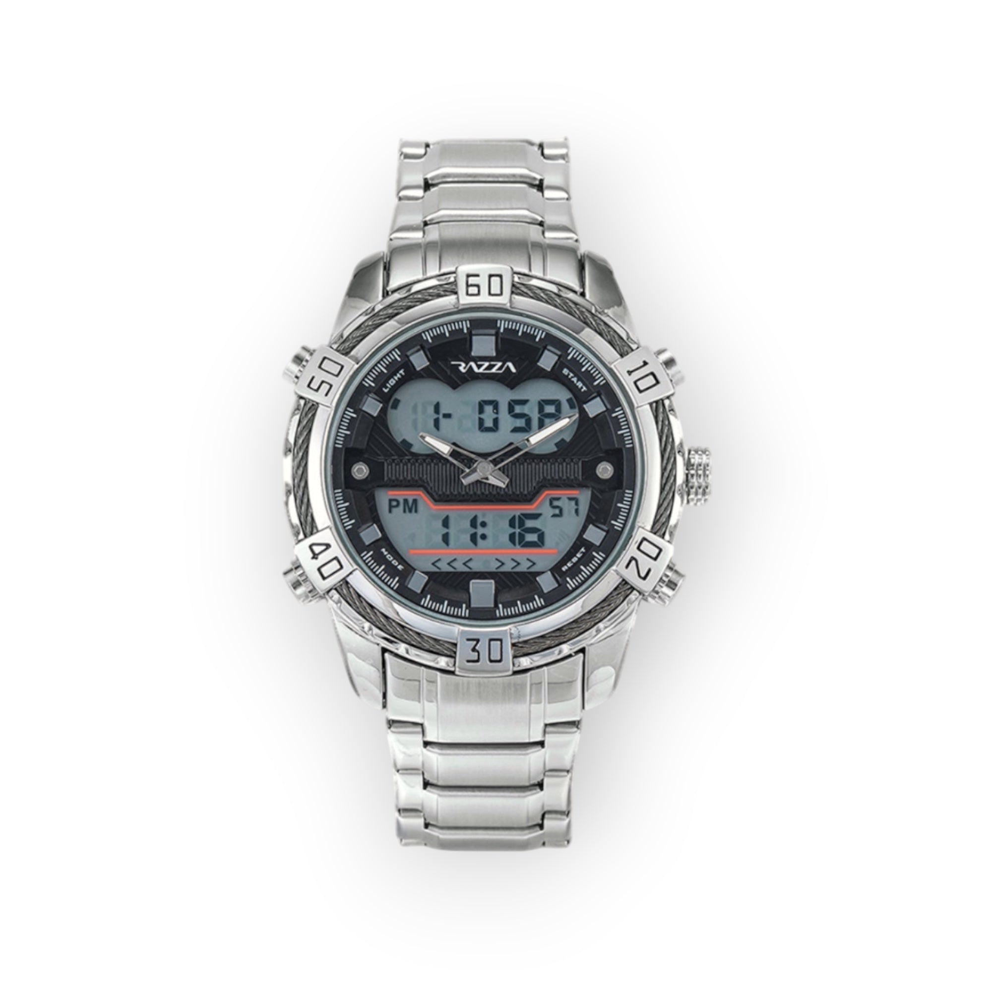 Reloj LOTO COMPANY VOLT-X analógico-digital de acero inoxidable plateado con cronómetro y luz LED.