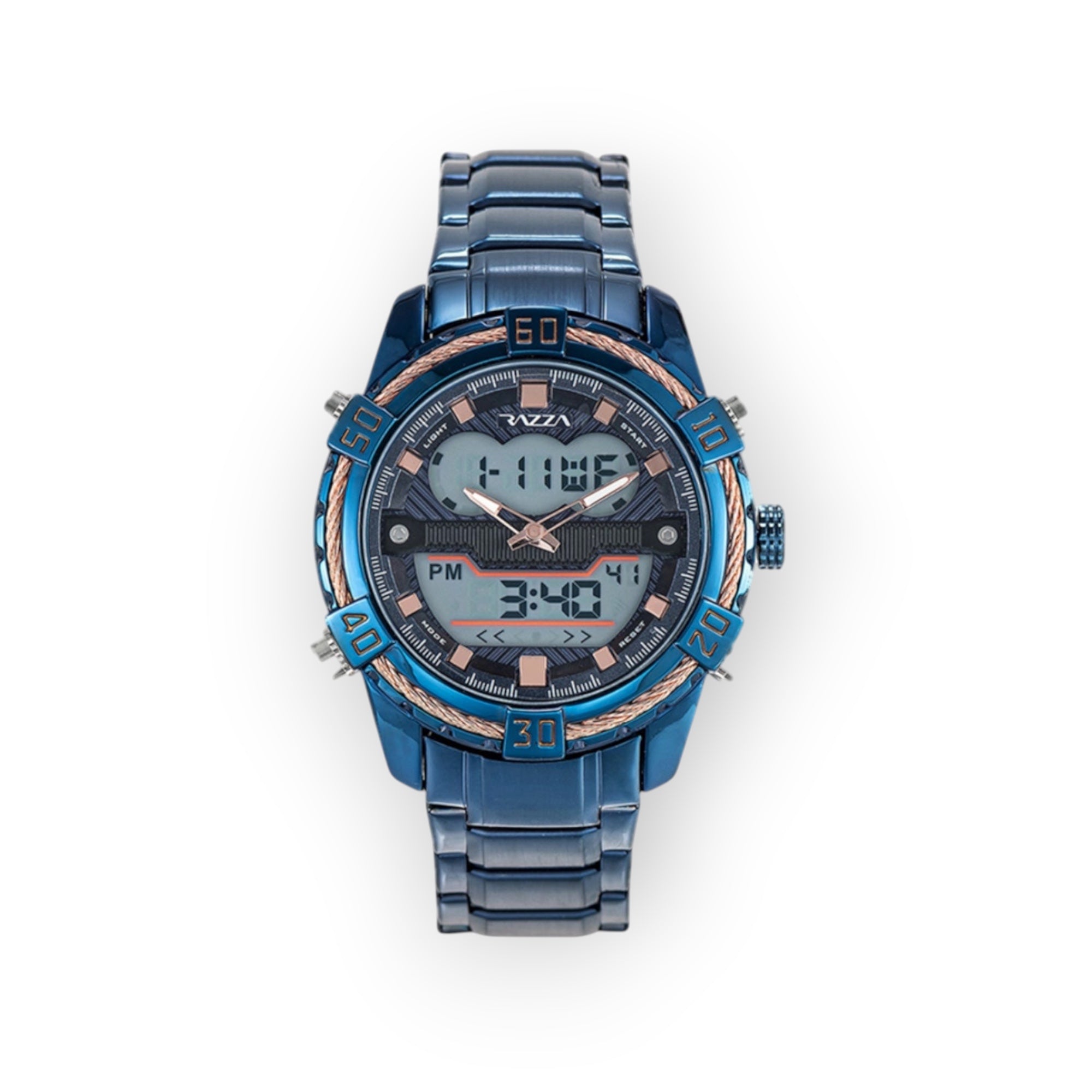 Reloj LOTO COMPANY VOLT-X azul de acero inoxidable con pantalla análoga y digital, cronómetro y luz LED.