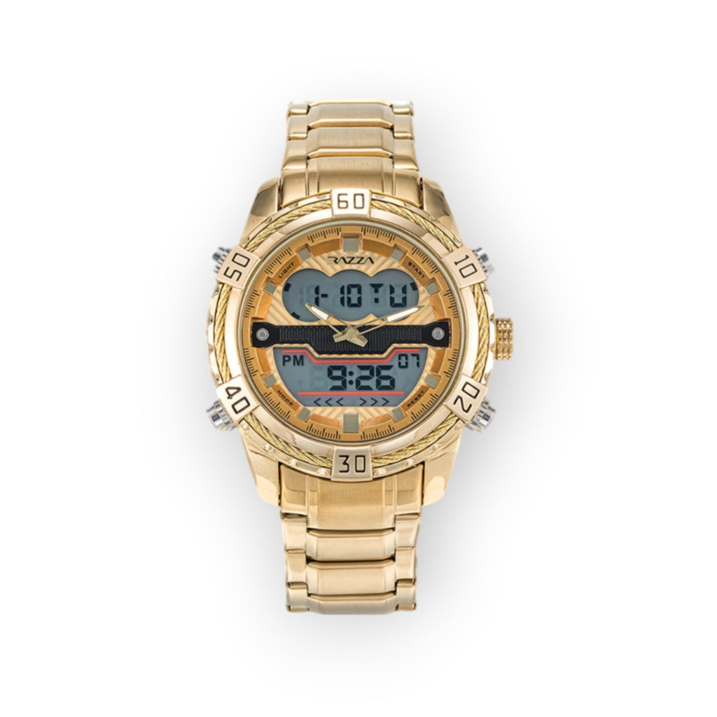 Reloj LOTO COMPANY VOLT-X dorado de acero inoxidable con pantalla análoga y digital, cronómetro y alarma.