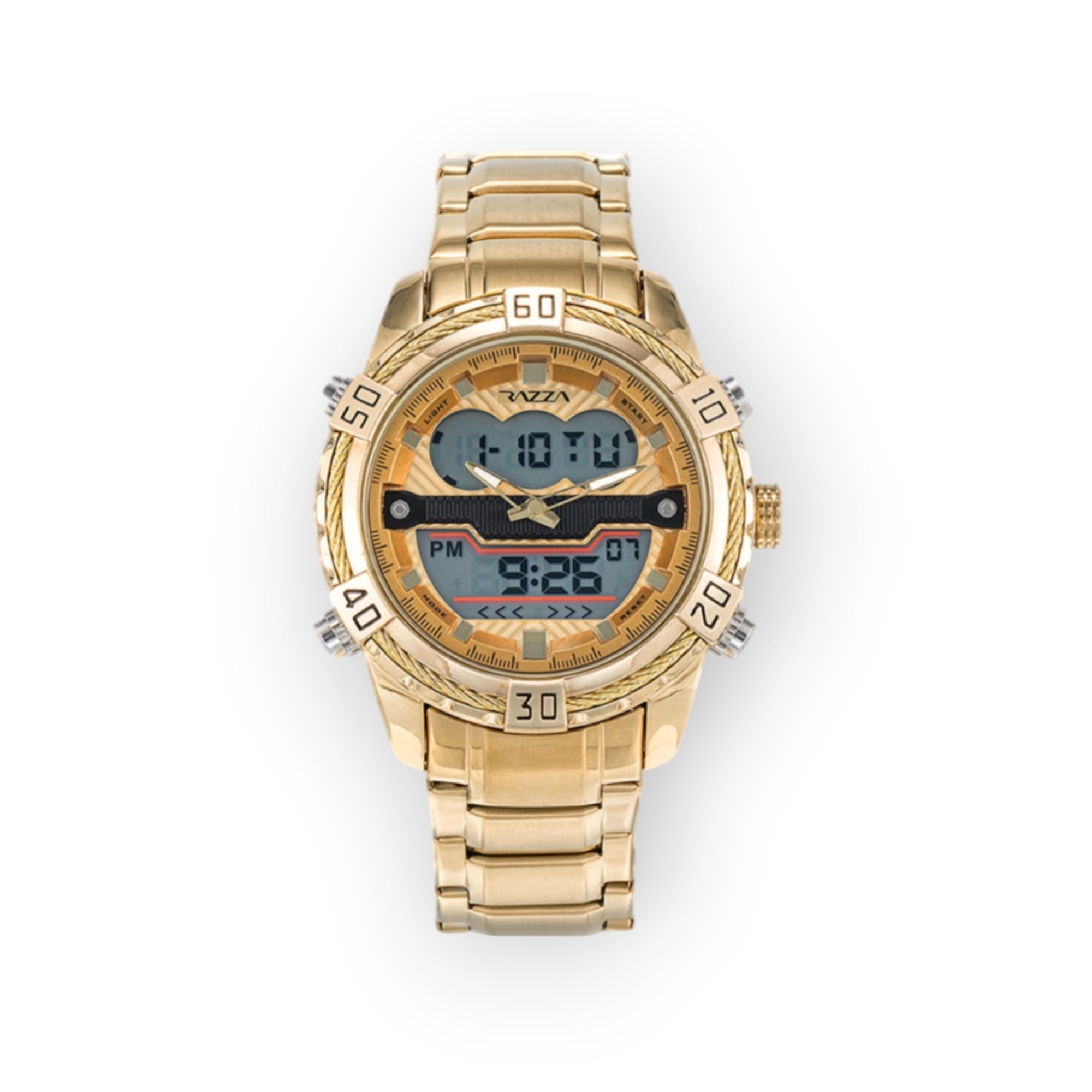 Reloj LOTO COMPANY VOLT-X dorado de acero inoxidable con pantalla análoga y digital, cronómetro y alarma.