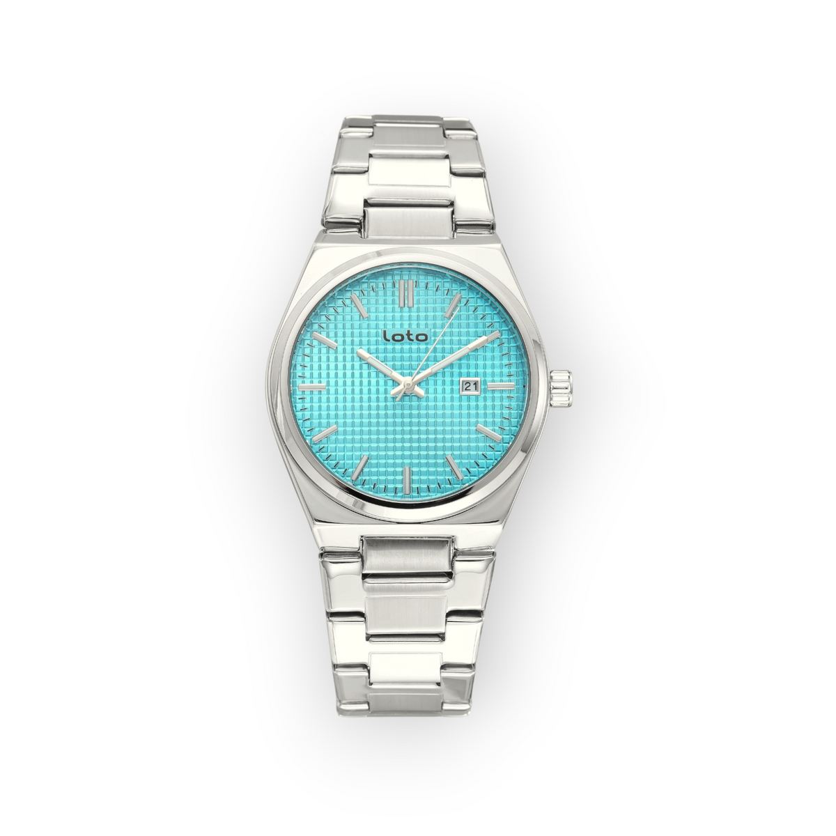 Reloj LOTO COMPANY Vorlix 2589 con esfera azul texturizada, caja y correa de acero inoxidable plateado