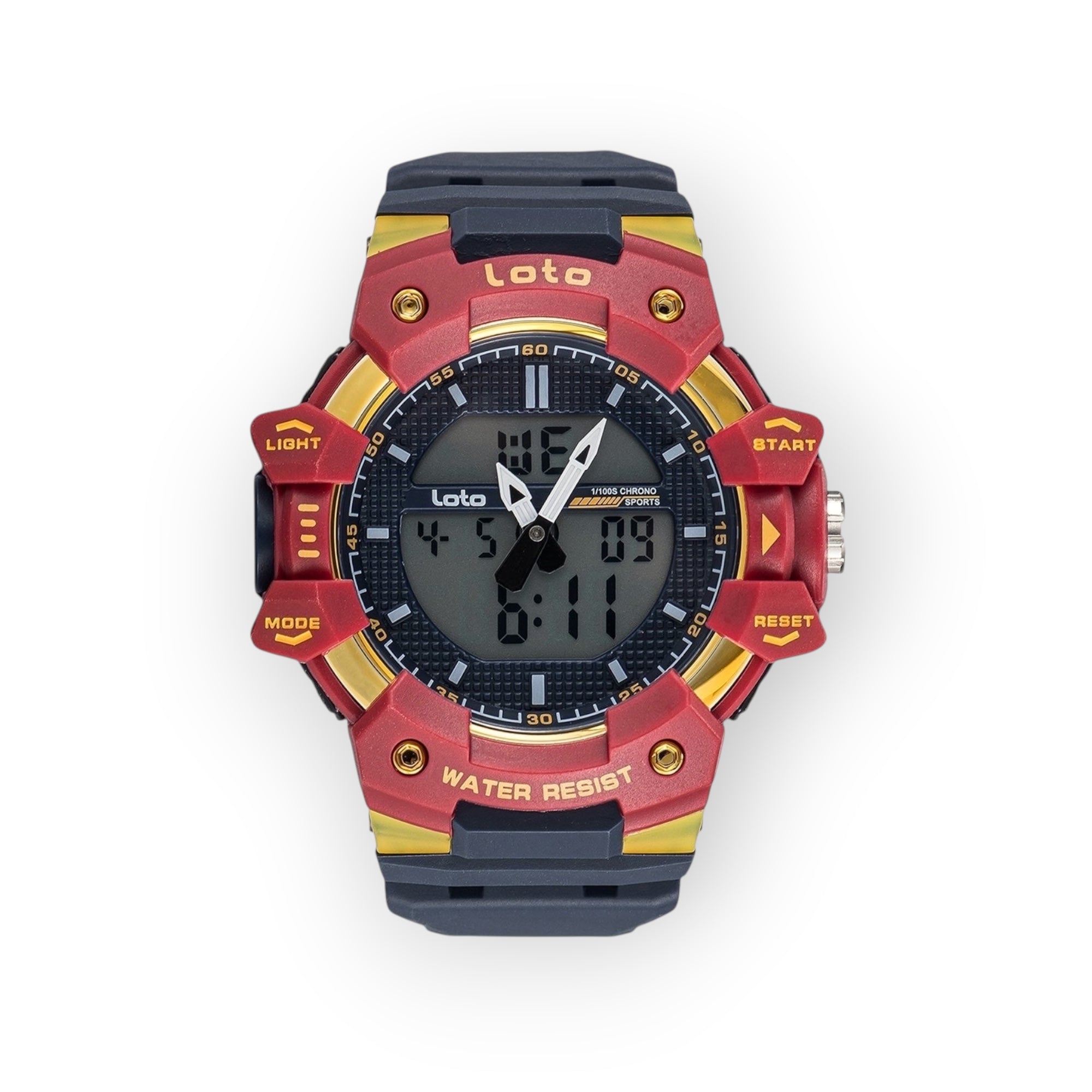 Reloj LOTO COMPANY VORTEX / 2505 deportivo digital y analógico en resina roja, dorada y negra con correa de silicona.