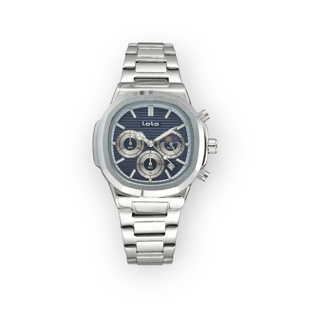 Reloj LOTO COMPANY Zelvik 2527 de acero inoxidable plateado con esfera azul, cronógrafo y fase lunar para hombre.