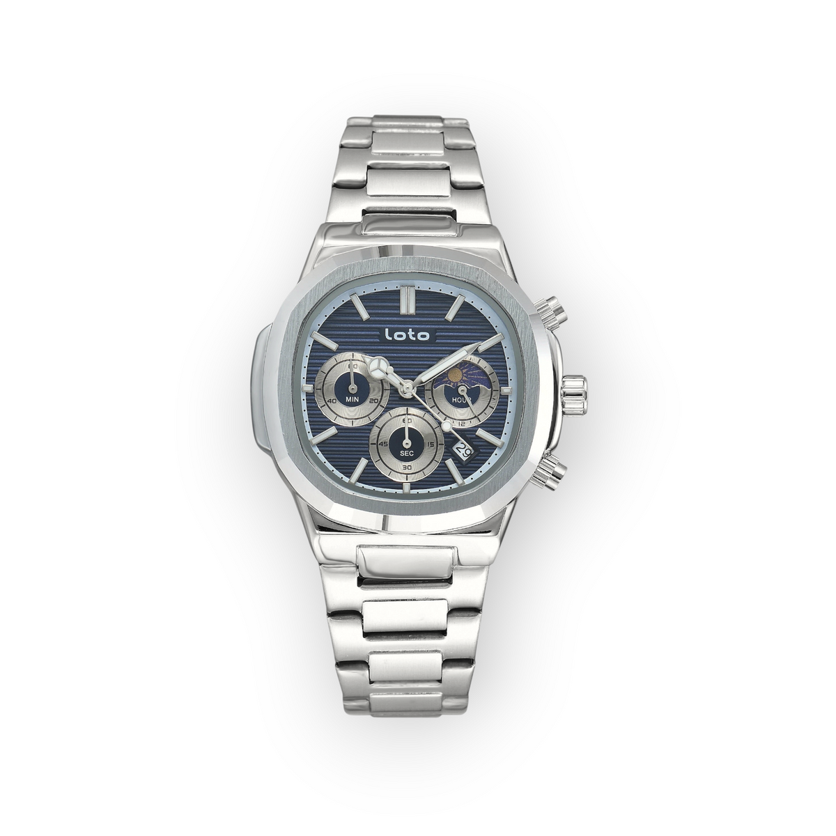 Reloj LOTO COMPANY Zelvik 2527 de acero inoxidable plateado con esfera azul, cronógrafo y fase lunar para hombre.