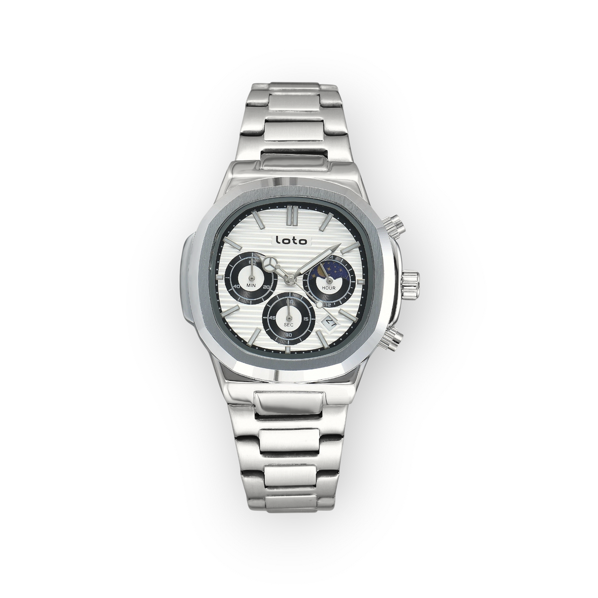 Reloj LOTO COMPANY Zelvik 2527 plateado de acero inoxidable con cronógrafo, esfera texturizada y fase lunar.