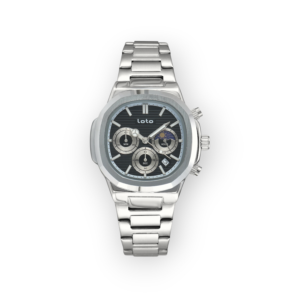Reloj LOTO COMPANY Zelvik 2527 de acero inoxidable plateado con esfera negra, cronógrafo y fase lunar para hombre