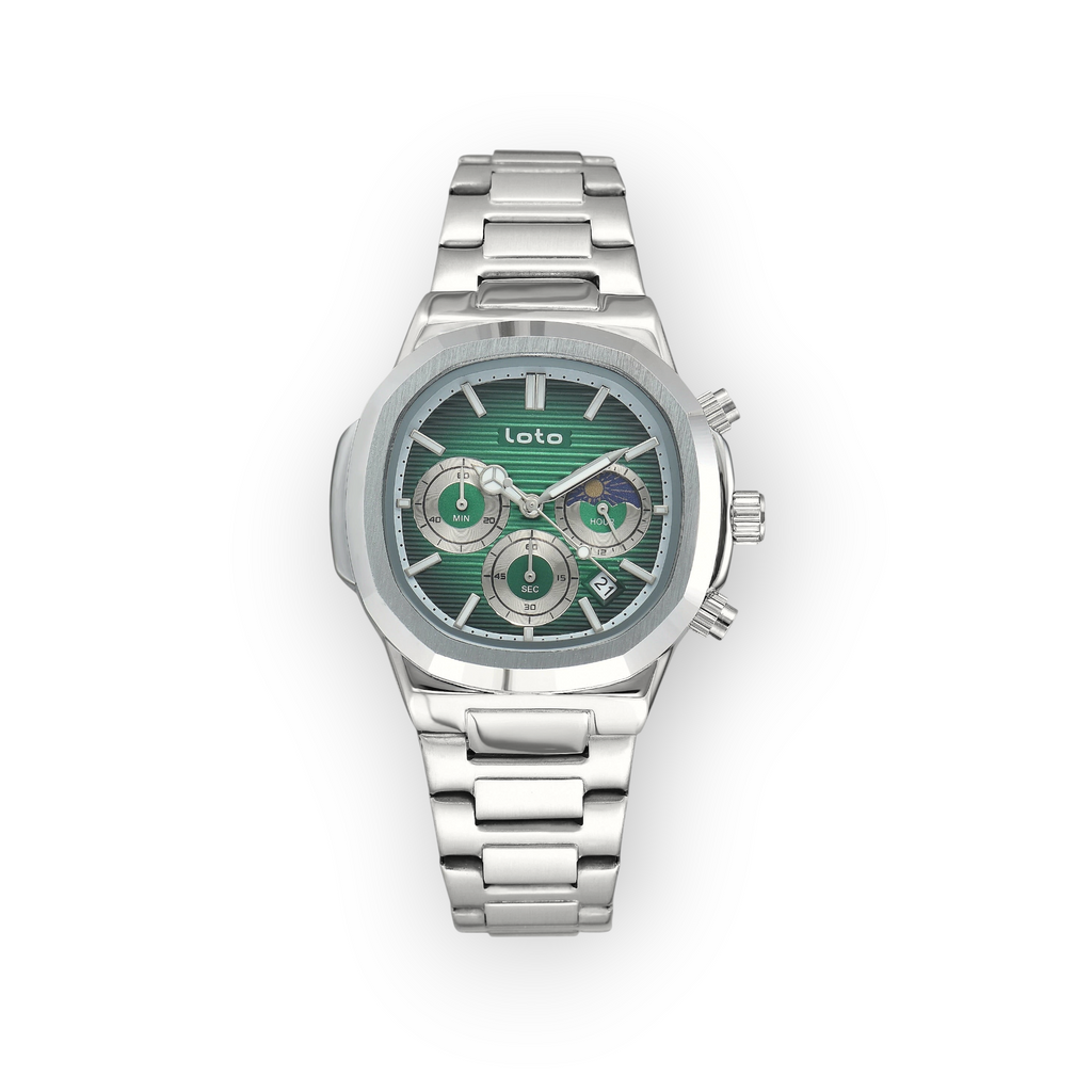Reloj LOTO COMPANY Zelvik 2527 de acero inoxidable plateado con esfera verde, cronógrafo y fase lunar para hombre