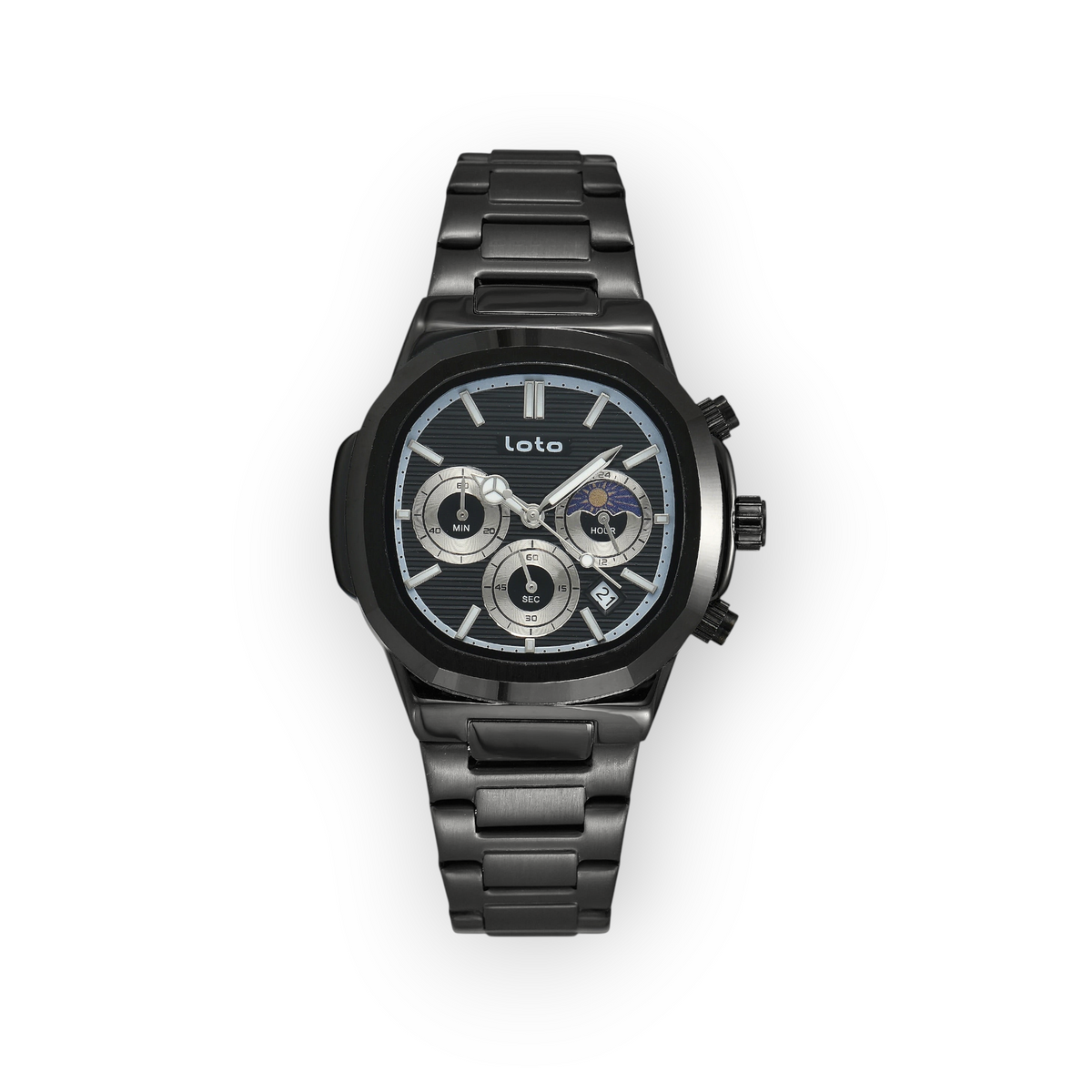 Reloj LOTO COMPANY Zelvik 2527 negro de acero inoxidable con cronógrafo y fase lunar para hombre