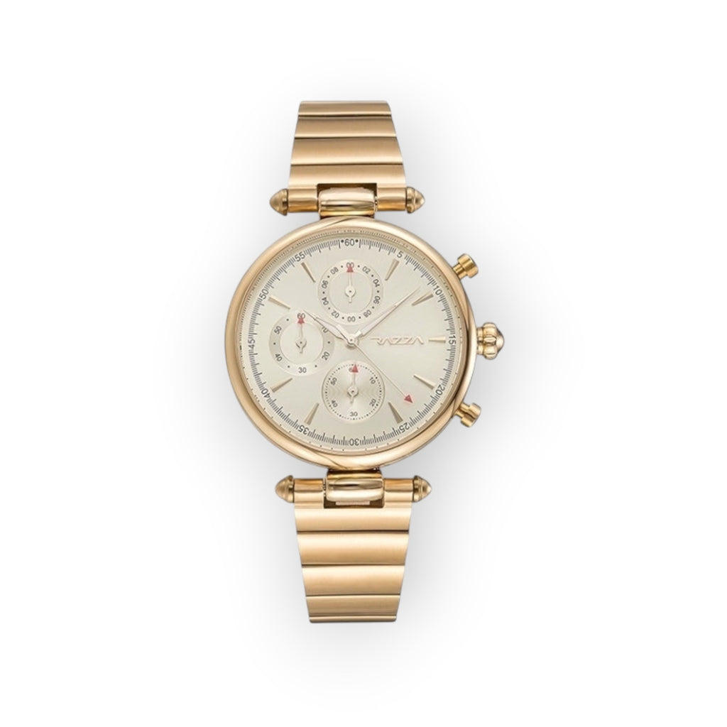 Reloj de mujer LOTO COMPANY ZENIQ 31105 en acero inoxidable dorado con esfera multifunción y brazalete de eslabones.
