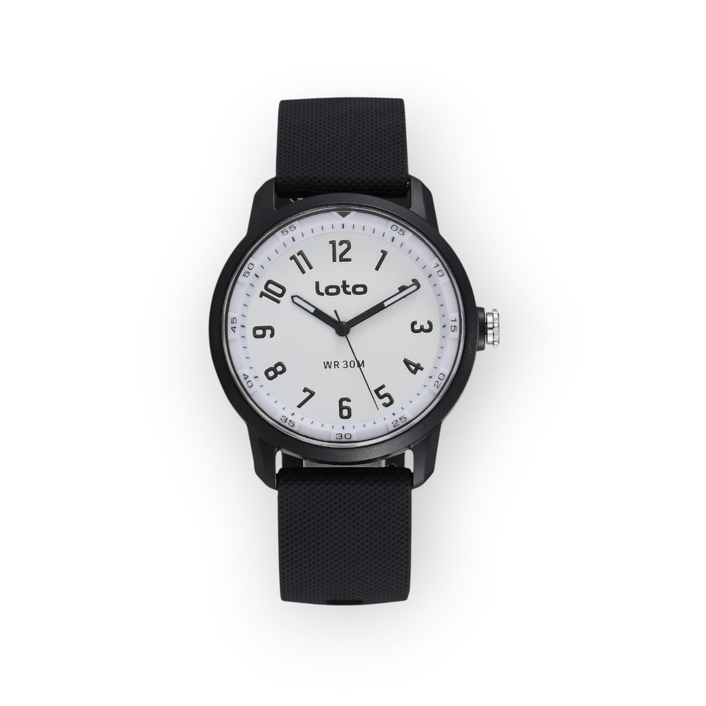 Reloj LOTO COMPANY Zorvant 2598 con esfera blanca, números negros y correa de silicona negra resistente al agua