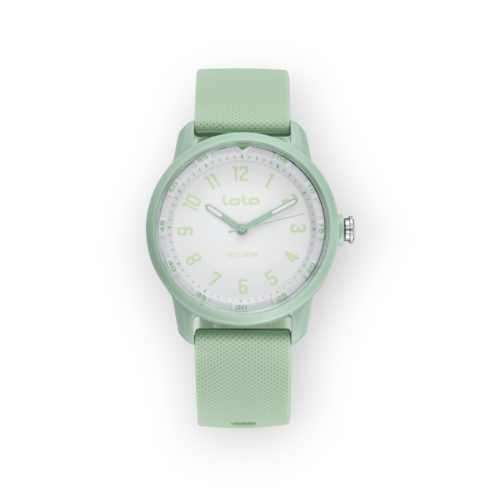 Reloj LOTO COMPANY Zorvant 2598 con correa de silicona verde menta y esfera analógica clara