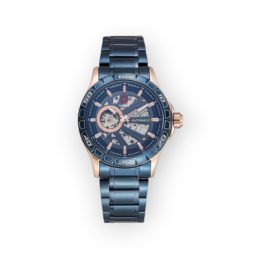 Reloj automático LOTO COMPANY SKELETON / 2501 azul con esfera abierta y detalles en oro rosa. Caja y pulsera de acero inoxidable.