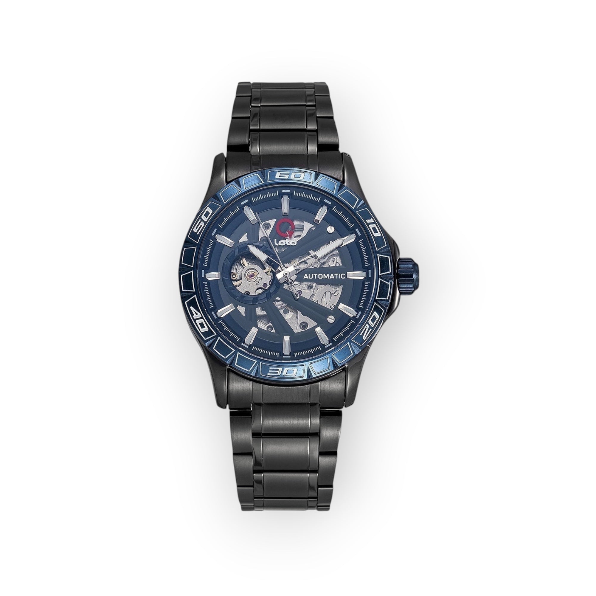 Reloj automático LOTO COMPANY SKELETON / 2501 con esfera azul abierta, caja y pulsera de acero inoxidable negro mate y bisel azul.