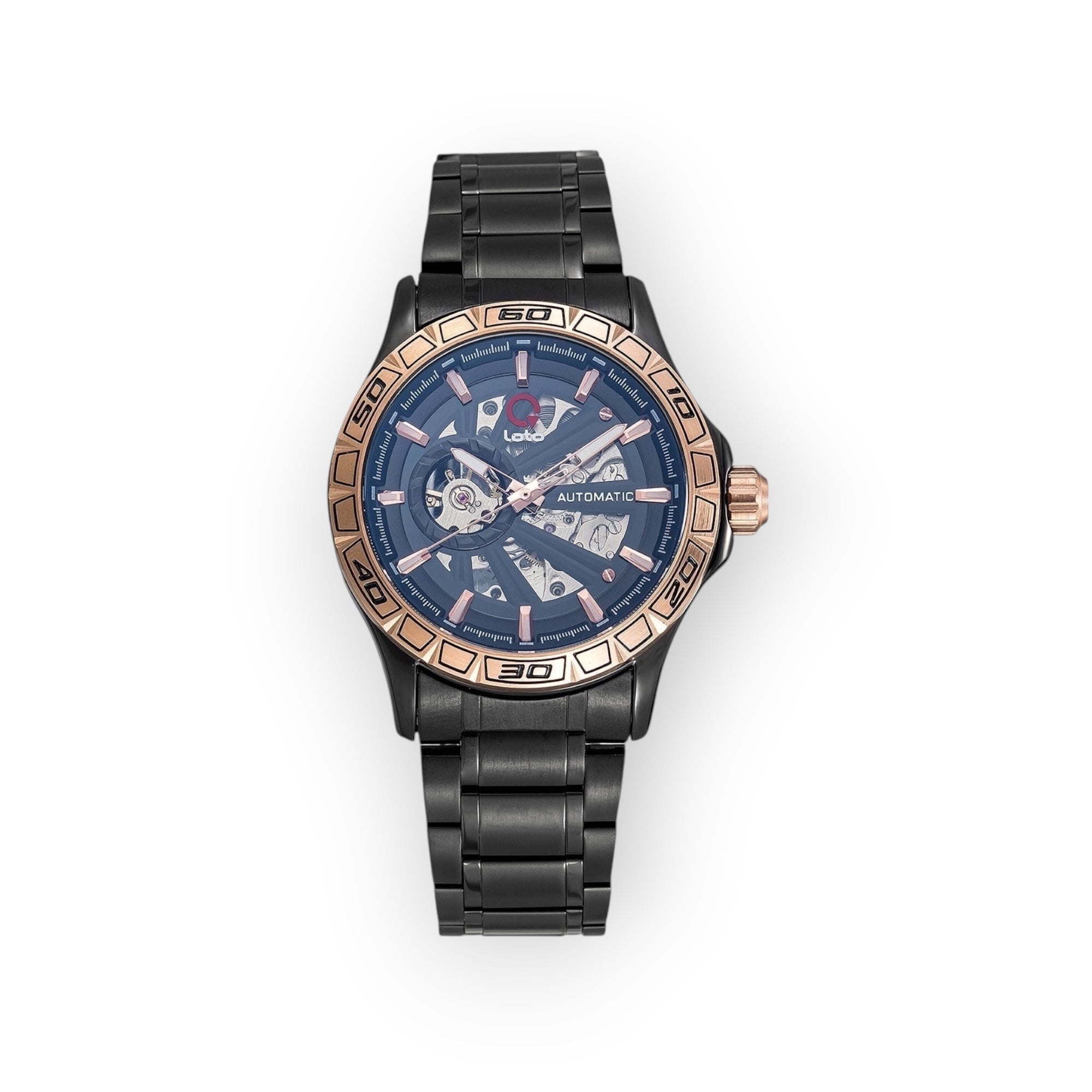 Reloj automático LOTO COMPANY SKELETON / 2501 con esfera abierta azul y detalles en oro rosa, caja y pulsera de acero inoxidable negro mate.