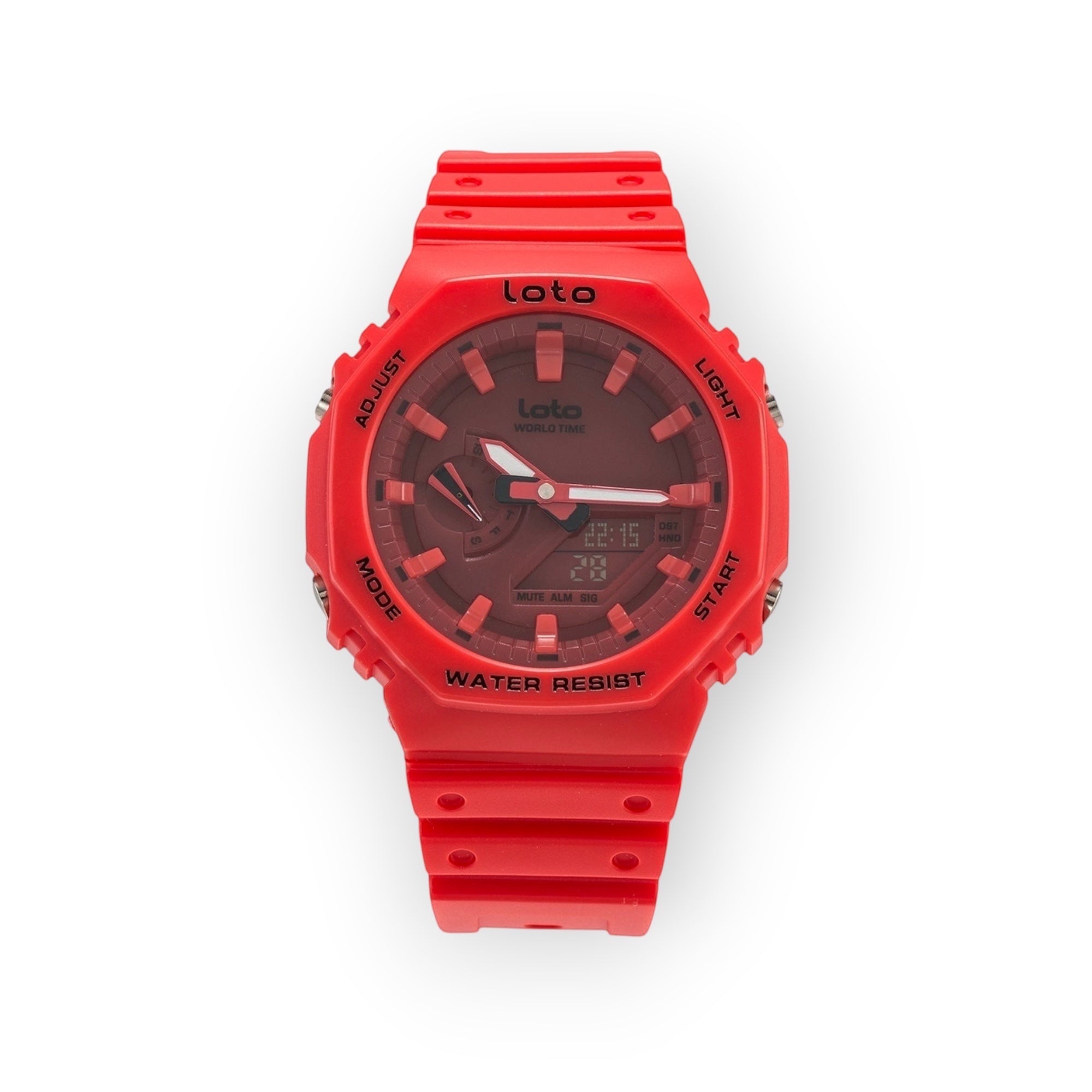 Reloj LOTO COMPANY TACTICAL / 2400 rojo de resina con doble pantalla analógica y digital, resistente al agua.