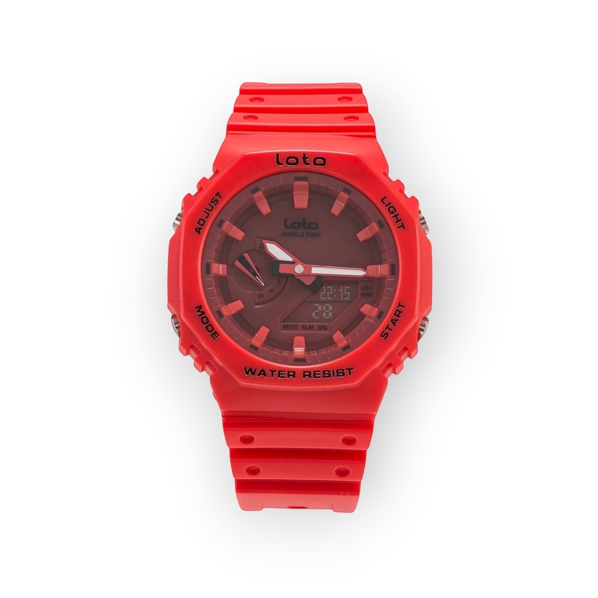 Reloj LOTO COMPANY TACTICAL / 2400 rojo de resina con doble pantalla analógica y digital, resistente al agua.